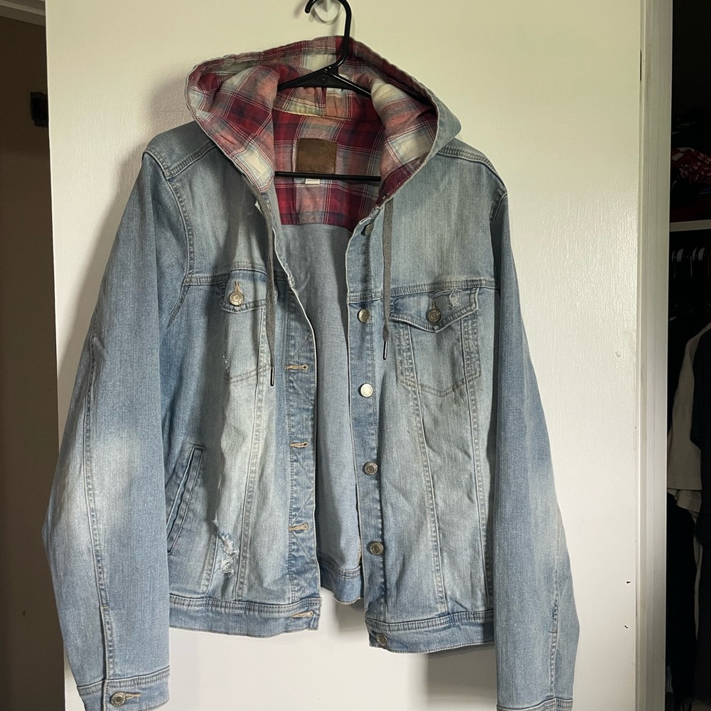 Maurices Blue and Red Jean Jacket with Distressed Look